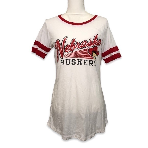NWOT White Red Nebraska Huskers Ringer Tee Shirt Top New Gameday Cornhuskers - Picture 1 of 11